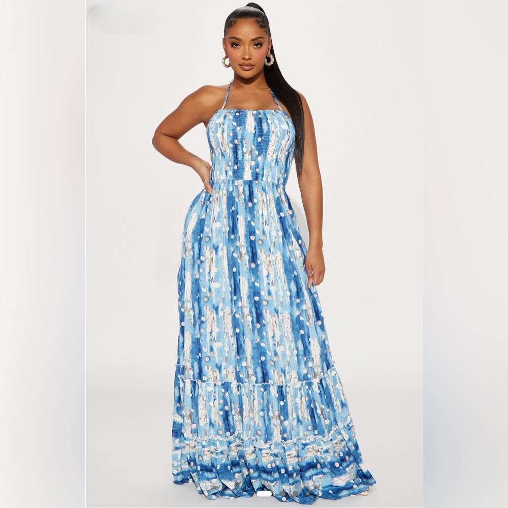 Fashion Nova Blue and White Smocked Halter Maxi Dress